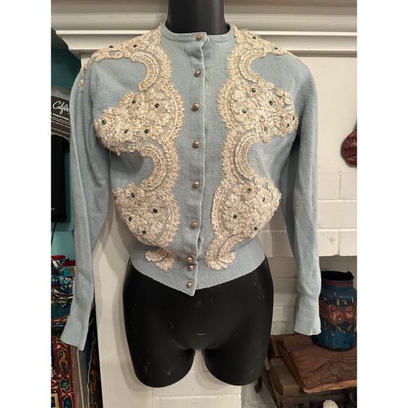SPECTACULAR LINED VINTAGE LACE & JEWEL TRIM CARDIGAN SWEATER MUST SEE!! - Picture 11 of 13